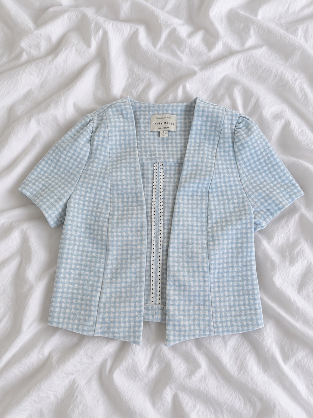 Haute Monde Light Blue Gingham Short Sleeve Open Jacket